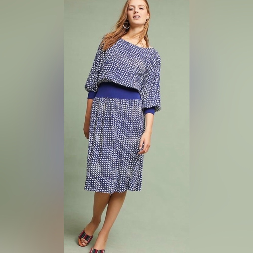 Anthropologie Blue and White Printed Midi Dress